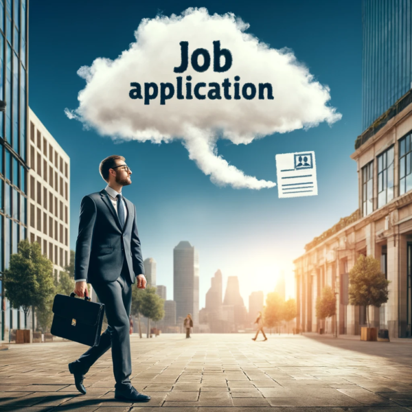 Man walking to work with a cloud in the sky submitting a job application.