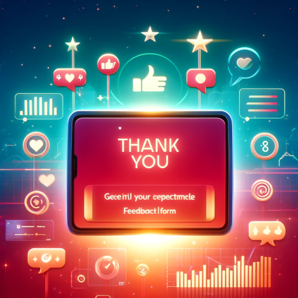 A vibrant virtual interface featuring a glowing 'Thank You' message at the center, encircled by various feedback icons such as surveys, analytics, and social media reactions, conveying a warm and appreciative atmosphere for effective post-event engagement.