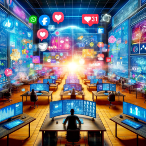 A lively virtual social media command center, with screens displaying analytics, content calendars, and various social media interactions like likes and shares, representing the pulsing heart of digital engagement and community building.