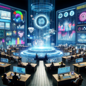 A futuristic virtual advertising agency command center, buzzing with digital activity, where screens display a stream of ad designs, targeting metrics, and campaign analytics, symbolizing a hub of digital campaign excellence.