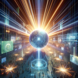 A mesmerizing virtual branding environment with a central sphere illuminated by radiating beams of light, symbolizing the expansive influence of a brand awareness campaign, surrounded by engaged digital crowds and holographic branding messages.