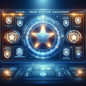 A virtual control center for online reputation management, featuring a sophisticated dashboard with a glowing five-star rating at the core, surrounded by protective shields and live social media feeds, symbolizing a robust defense of a brand's digital reputation.