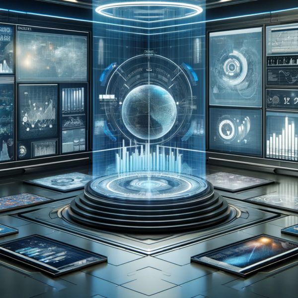 A sophisticated virtual market research center featuring a futuristic setup with multiple screens displaying dynamic graphs, charts, and data flows, and a central holographic display of a 3D pie chart, symbolizing a hub of strategic market intelligence.