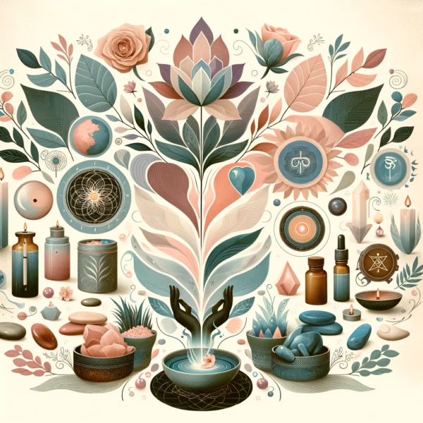 An artful composition representing holistic healing services, featuring a central motif of hands cradling a radiant energy source, surrounded by lush flora and a variety of healing tools such as crystals, aromatic oils, and symbols for chakra and sound therapy, all rendered in soft, soothing colors to evoke a sense of peace and balance.