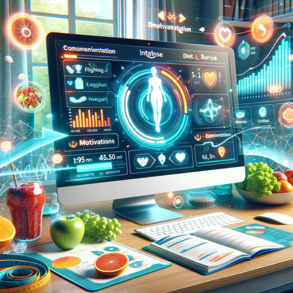 Dynamic virtual environment displaying a personalized diet plan and exercise routine on a computer screen, surrounded by virtual healthy foods and fitness equipment, symbolizing a comprehensive and energetic approach to weight loss.