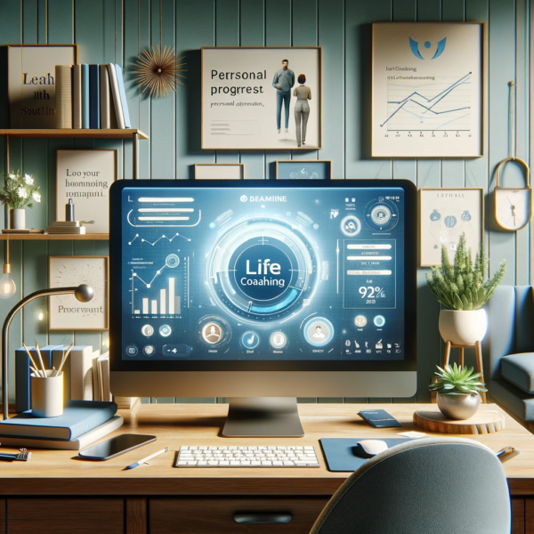 Professional virtual office setup for life coaching, featuring a computer screen with personal progress charts and motivational quotes, surrounded by elements like books on self-help and a serene view of nature, fostering an atmosphere of growth and self-improvement.